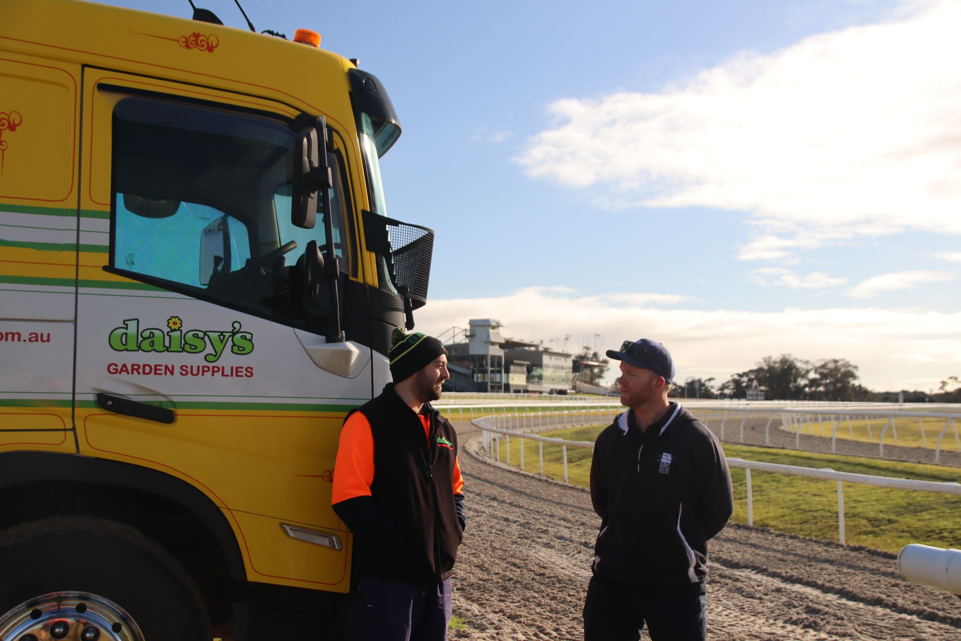 Geelong Racing Track Manager talking to Ryan Dunoon from Daisys Garden Supplies