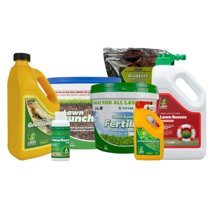 Daisy's Range of Lawn Care products including fertilisers, lawn launcher and lawn rescue