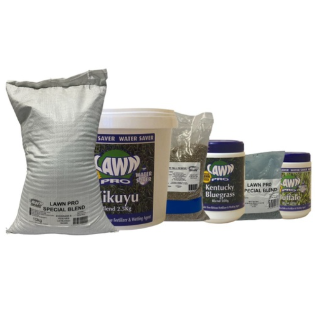 Collection of Daisy's range of lawn seed products in bags, buckets and containers