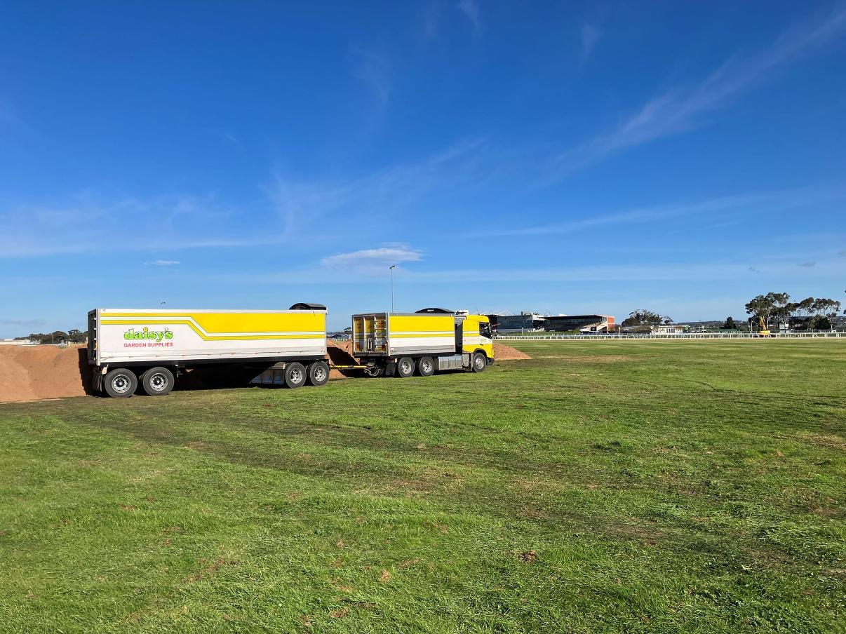 Daisy's Garden Supplies Truck and Trailer delivering 1 of 200 (approx.) deliveries of Turf Sand