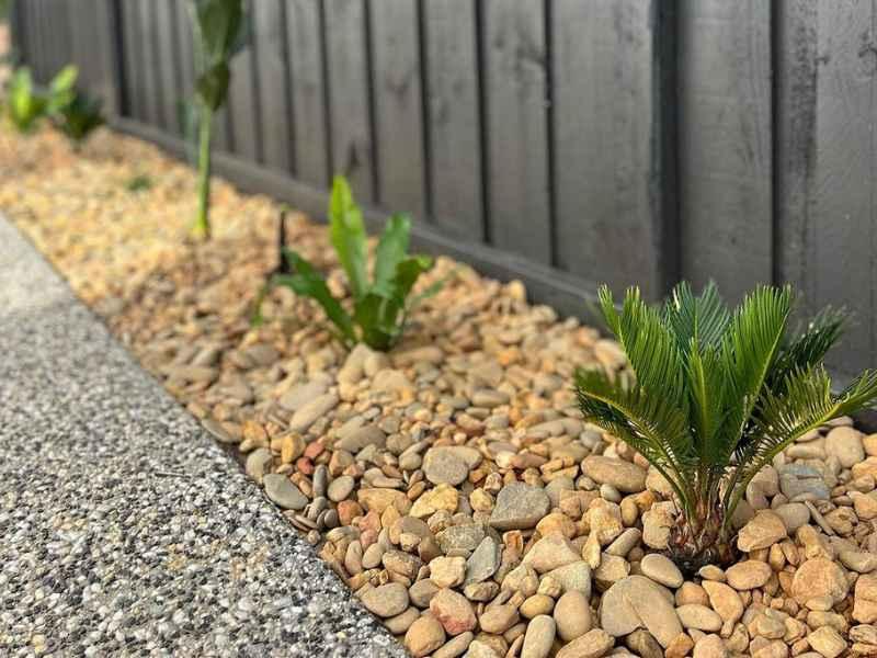 Decorative pebbles and Tuscan toppings used as garden mulch in landscaped bed