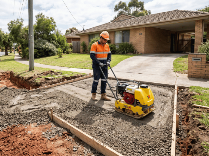 Road base being compacted with a plate compactor for a driveway sub-base
