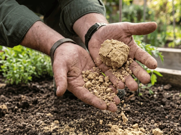 Hands performing the soil squeeze test in a garden, showing crumbly sandy soil falling apart