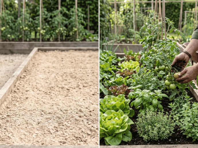 Before-and-after comparison of a garden bed — bare sandy soil on one side, lush green plants growing in amended soil on the other