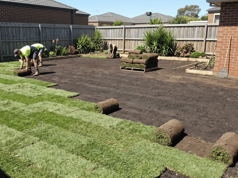 Sir Walter turf rolls being laid in a brick-work offset pattern in a Melbourne garden