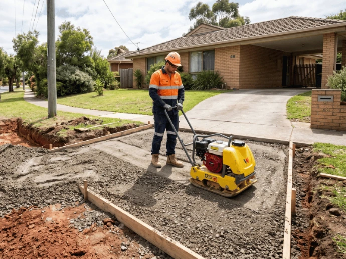 Road base being compacted with a plate compactor for a driveway sub-base