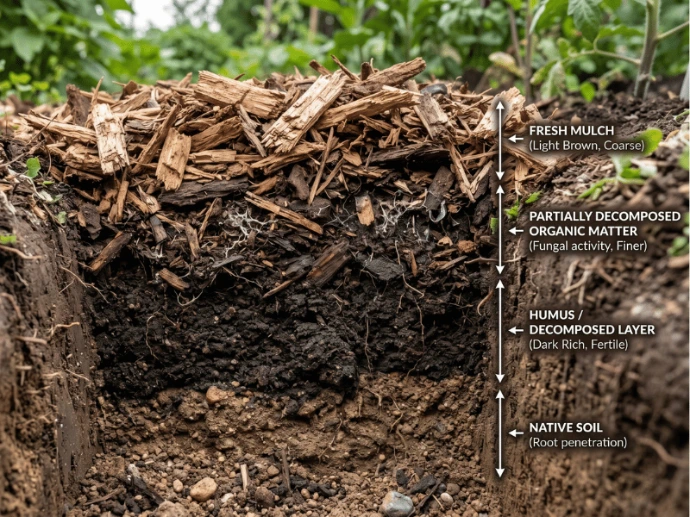 Cross-section of mulch layer showing fresh mulch on top and decomposed organic matter near soil