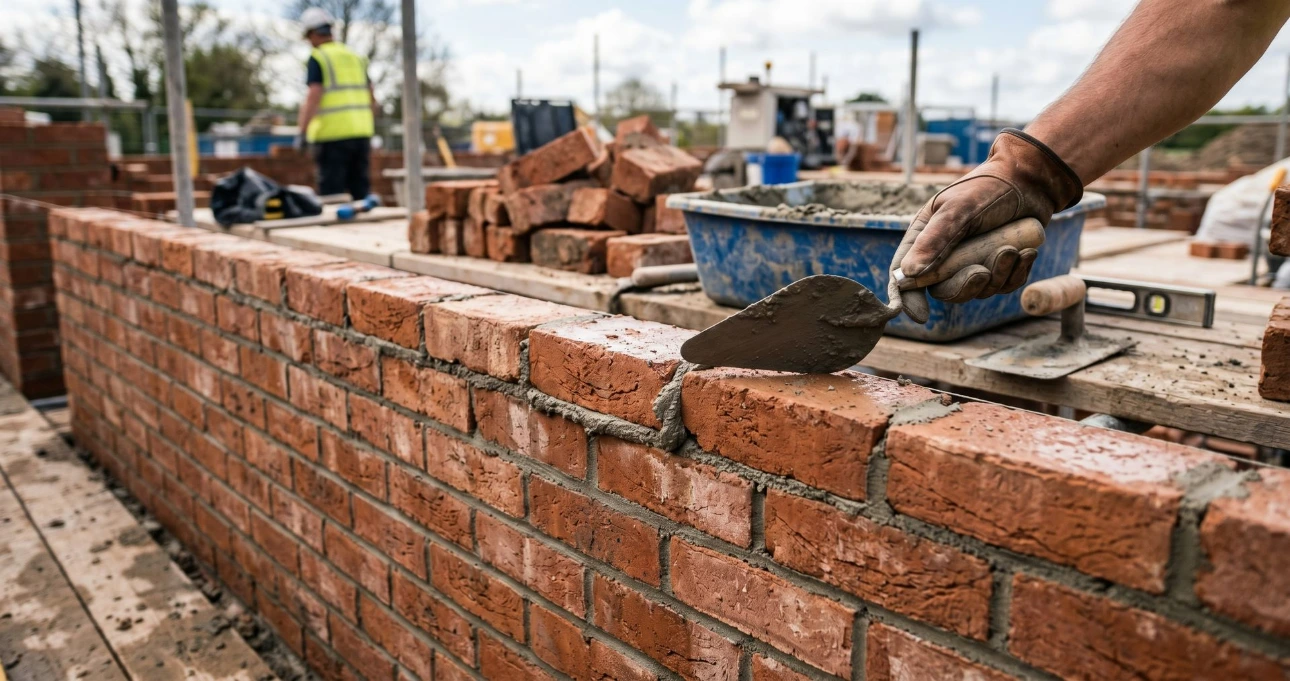 Bricklayer applying mortar made from brickies sand to a brick wall